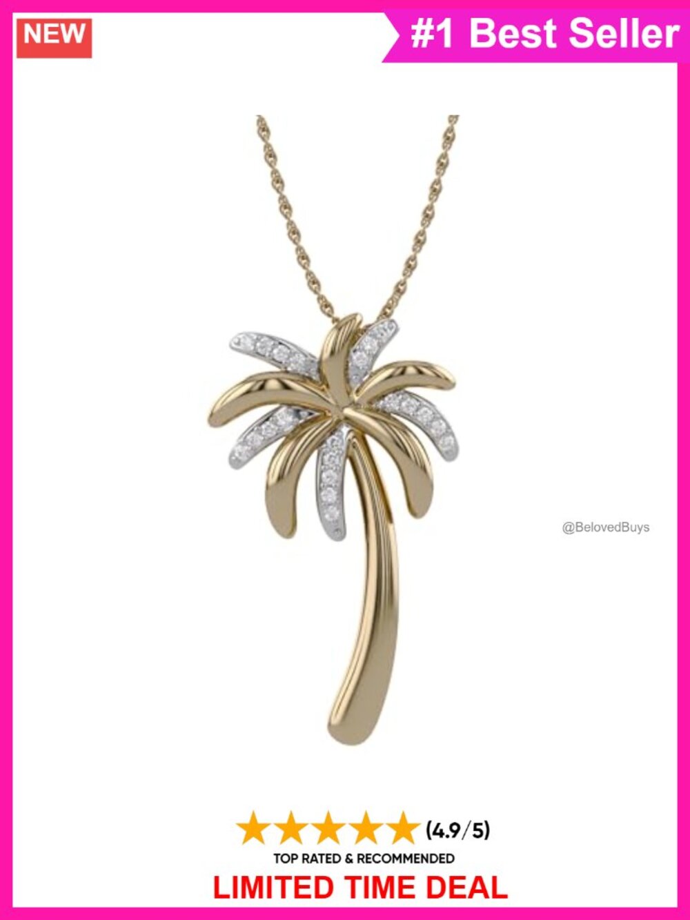 10K Yellow Gold Palm Tree Pendant Necklace 1/20ctw Lab Grown Diamond